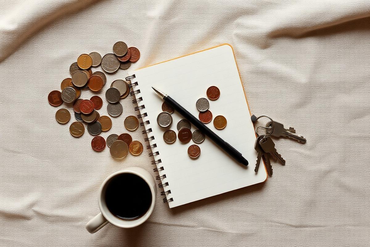 Coins, notebook, coffee and keys on a warm neutral surface