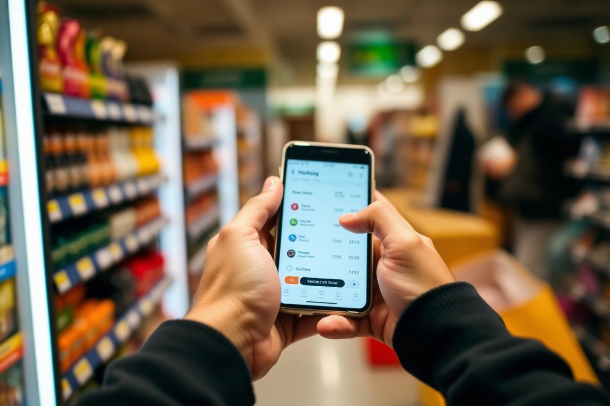 Hands comparing prices on a smartphone in a retail store