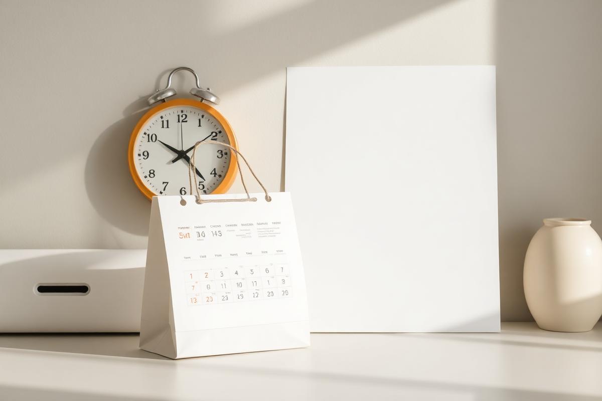Calendar, clock and shopping bag arranged on a clean desk