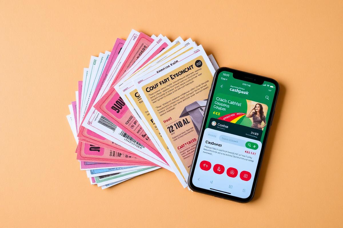 Coupons, credit cards and a cashback app on a warm surface