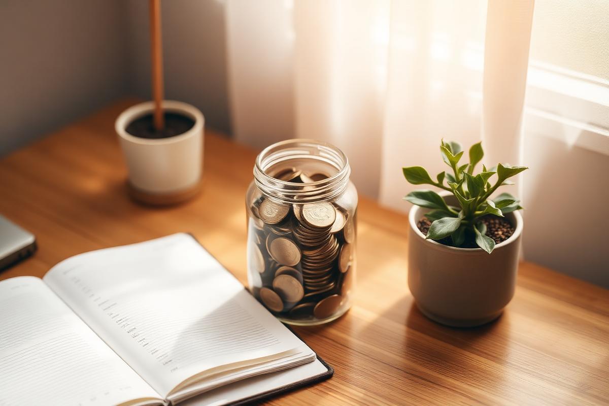 Glass jar with coins, potted plant and open planner on a wooden desk