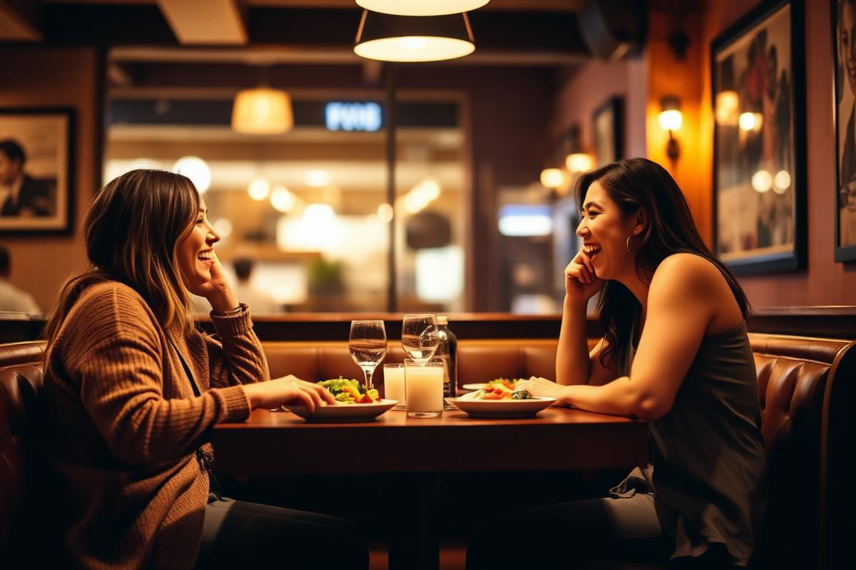 Two friends laughing over dinner at a cozy restaurant