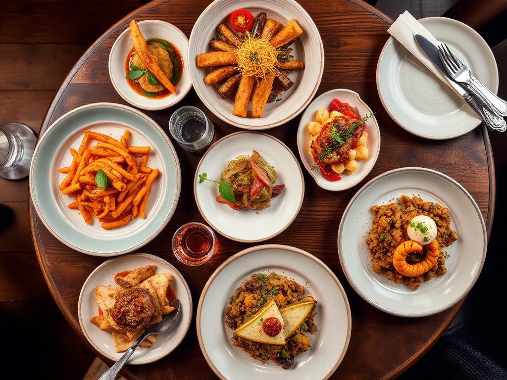 Assorted plated dishes on a rustic table