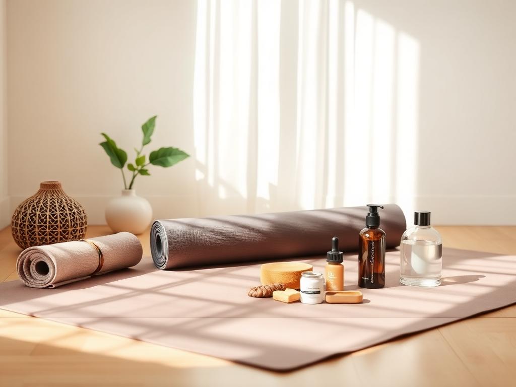 Yoga mat and wellness essentials in soft light