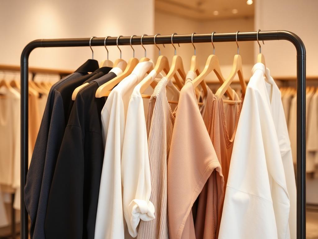 Boutique clothing rack with neutral apparel