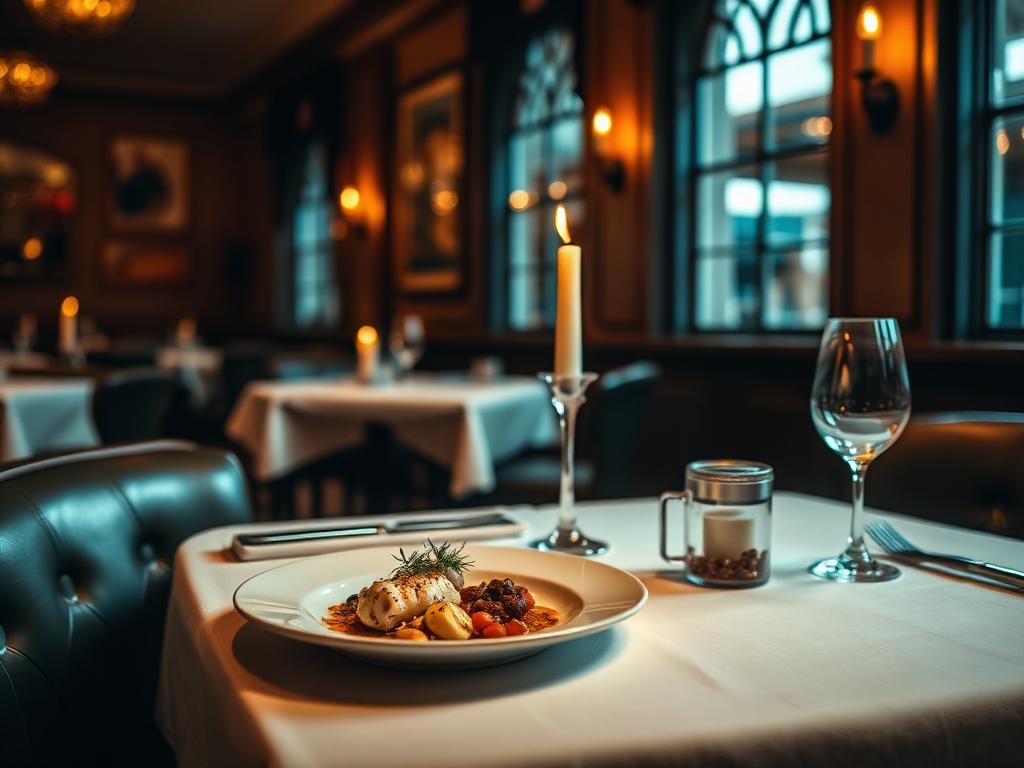 Candlelit bistro table with a plated dinner